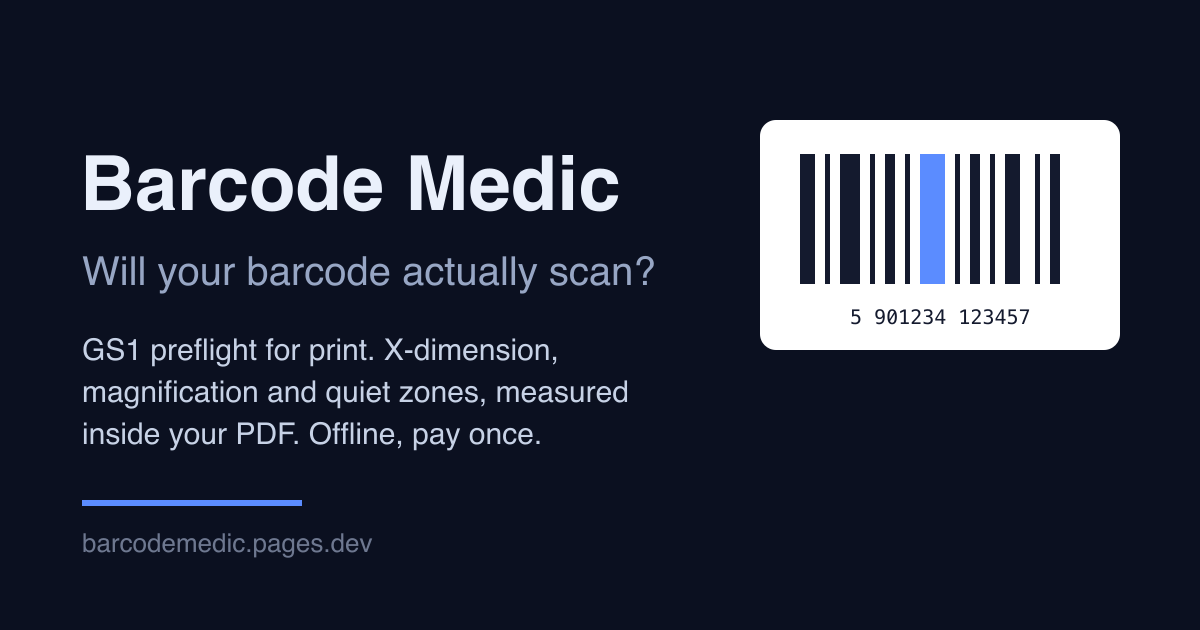 Beispielhafte Darstellung von Barcode-Maßen und Ruhezonenbefunden, kein Screenshot der App.